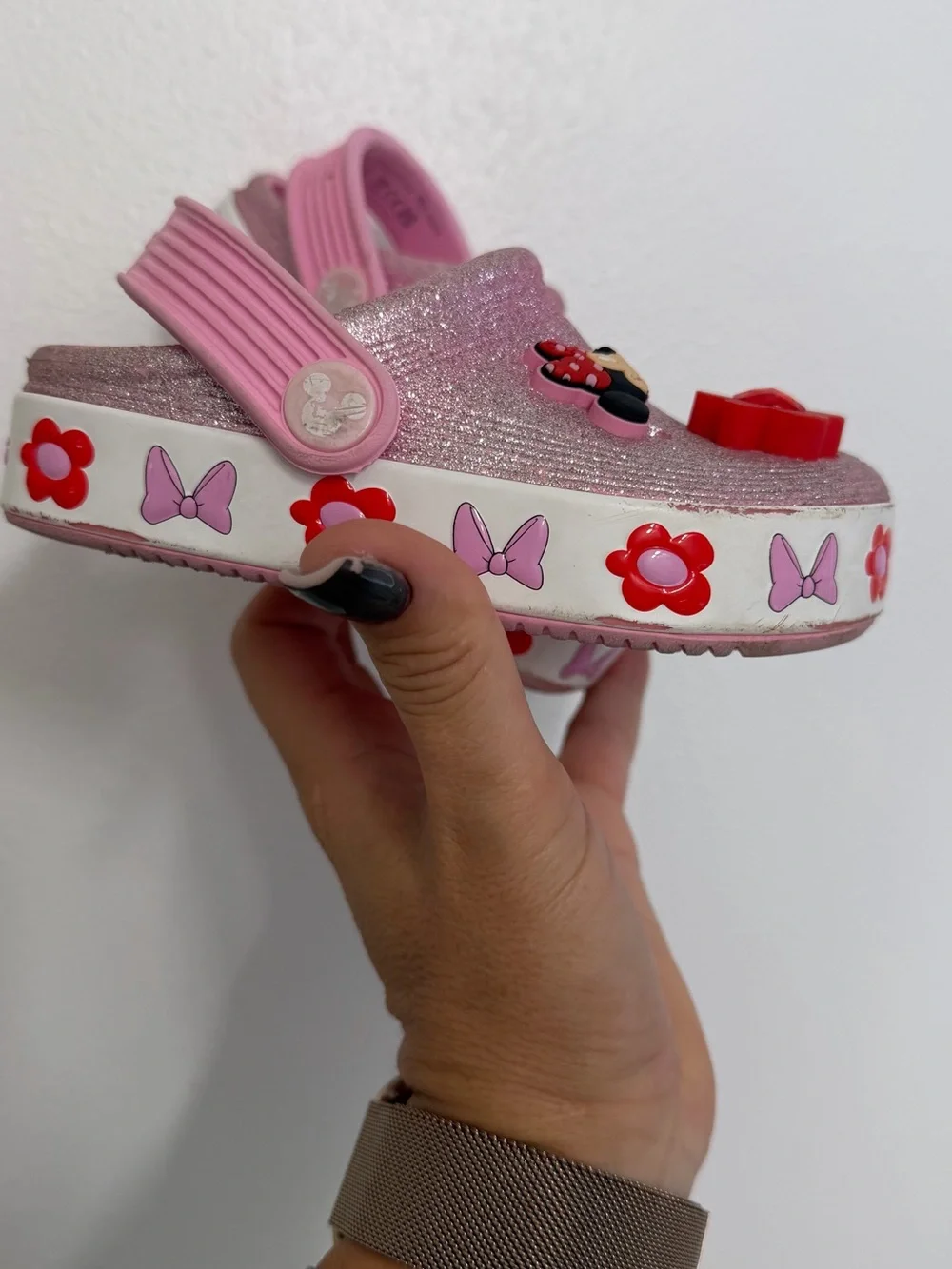 Disney Pink Glitter Minnie Mouse Kids' Sandal Clogs with Red Flower Charm